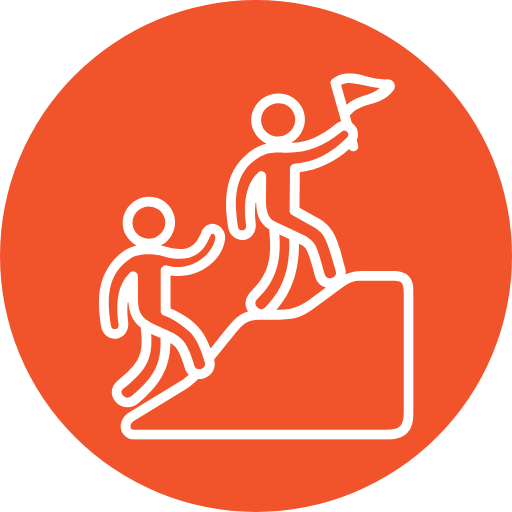 Two figures climb a mountain together - leadership and support in leadership training